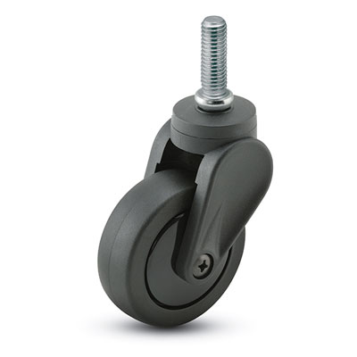 Caster; Swivel; 3" x 15/16"; Black PolyU on PolyO; Threaded Stem (3/8"-16TPI x 3/4"); Black GFN Rig; Delrin Bushing; 120#; Thread guards (Item #65081) Caster; Swivel; 3" x 15/16"; Black PolyU on PolyO; Threaded Stem (3/8"-16TPI x 3/4"); Black GFN Rig; Delrin Bushing; 120#; Thread guards (Item #65081)