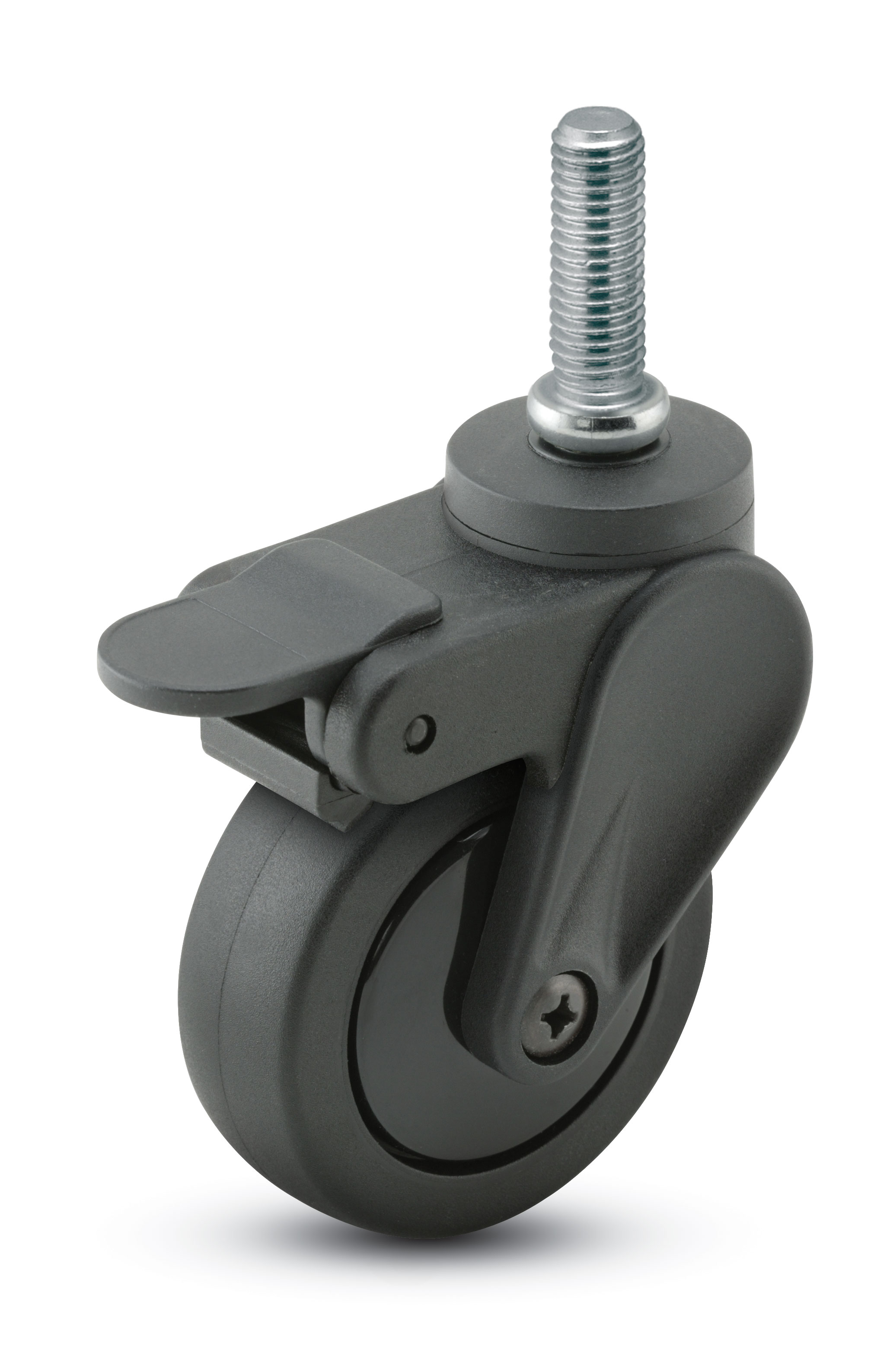 Caster; Swivel; 4" x 15/16"; PolyU on PolyO (Bk/Bk); Threaded Stem (3/8"-16TPI x 3/4"); Black GFN; Delrin Bushing; 125#; Pedal Brake (Item #65515) Caster; Swivel; 4" x 15/16"; PolyU on PolyO (Bk/Bk); Threaded Stem (3/8"-16TPI x 3/4"); Black GFN; Delrin Bushing; 125#; Pedal Brake (Item #65515)