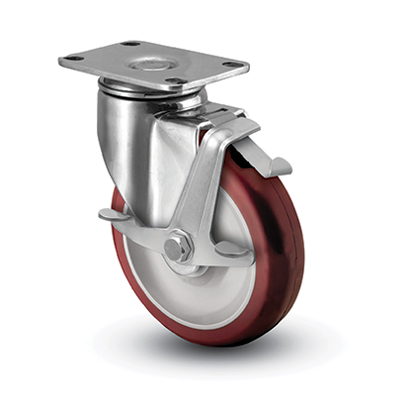 Caster; Swivel; 3" x 1-1/4"; Red Poly HiTech; Plate (2-1/2"x3-5/8": holes: 1-3/4"x2-13/16" (slot to 3-1/16"); 5/16" bolt); Stainless; Plain bore; 200#; Brake (Item #63813) Caster; Swivel; 3" x 1-1/4"; Red Poly HiTech; Plate (2-1/2"x3-5/8": holes: 1-3/4"x2-13/16" (slot to 3-1/16"); 5/16" bolt); Stainless; Plain bore; 200#; Brake (Item #63813)