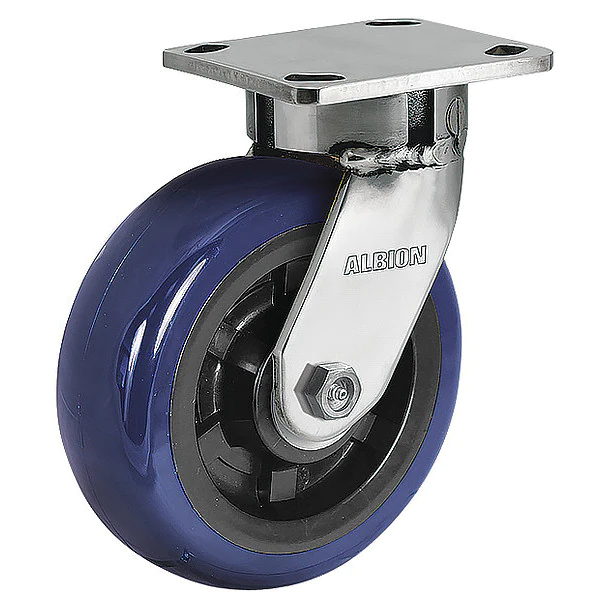 Caster; Swivel; 6" x 2"; PolyU on PolyO (Blue); Plate (4"x4-1/2"; holes: 2-5/8"x3-5/8" slots to 3"x3"; 3/8" bolt); Stainless; Stainless Prec BB; 1100 (Item #63675) Caster; Swivel; 6" x 2"; PolyU on PolyO (Blue); Plate (4"x4-1/2"; holes: 2-5/8"x3-5/8" slots to 3"x3"; 3/8" bolt); Stainless; Stainless Prec BB; 1100 (Item #63675)