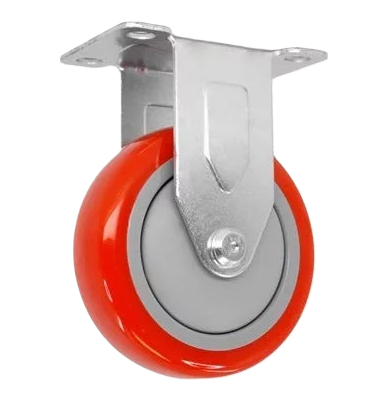 (image for) Caster; Rigid; 4" x 1-1/4"; PolyU on PolyO (Red); Plate (2-1/2"x3-5/8"; holes: 1-3/4"x2-7/8" slots to 3"; 5/16" bolt); Prec Ball Brngs; 300#; TG (Item #63232)