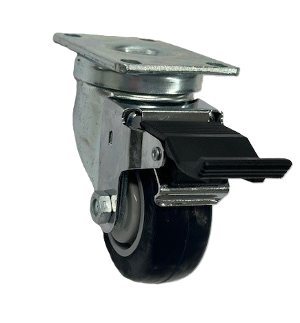 (image for) Caster; Swivel; 3" x 1-1/4"; PolyU on PolyO (Blue); Plate (2-5/8"x3-3/4"; holes: 1-3/4"x2-3/4" slotted to 3"; 5/16" bolt); Prec Ball Brng; 250#; Pedal Brake (Item #64654)