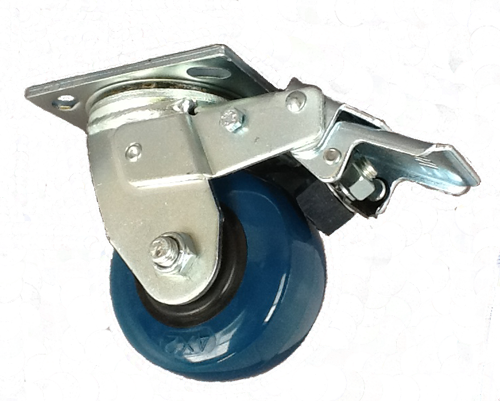 (image for) Caster; Swivel; 6"x2"; PolyU on PolyO (Red or Blue); Plate; 4"x4-1/2"; holes: 2-5/8"x3-5/8" (slots to 3"x3"); 3/8" bolt; Roller Brng; 900#; Total Lck (Trailing) (Item #63978)