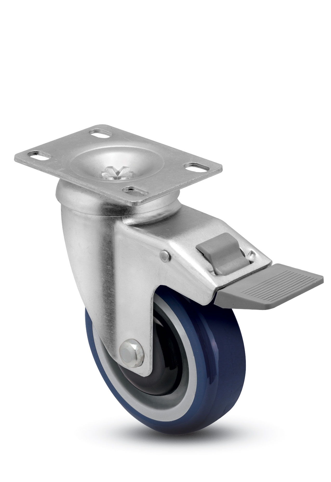 Caster; Swivel; 4" x 1-1/4"; PolyU on PolyO (Blue); Plate (2-5/8"x3-3/4"; holes: 1-3/4"x2-3/4" slotted to 3"; 5/16" bolt); Zinc; Prec Ball Brng; 315# (Item #64729) Caster; Swivel; 4" x 1-1/4"; PolyU on PolyO (Blue); Plate (2-5/8"x3-3/4"; holes: 1-3/4"x2-3/4" slotted to 3"; 5/16" bolt); Zinc; Prec Ball Brng; 315# (Item #64729)