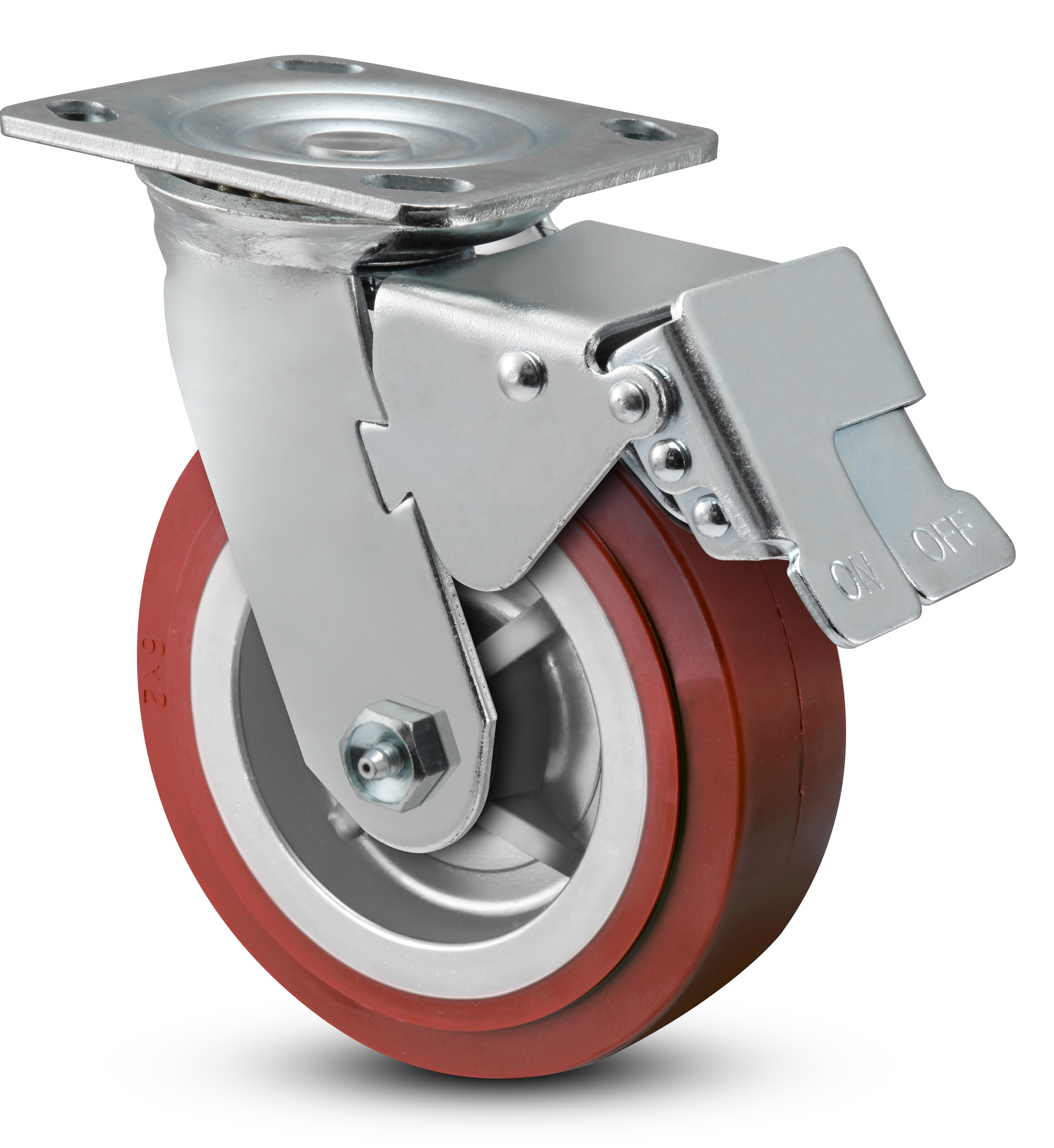 Caster; Swivel; 6"x2"; PolyU on PolyO (Red or Blue); Plate; 4"x4-1/2"; holes: 2-5/8"x3-5/8" (slots to 3"x3"); 3/8" bolt; Roller Brng; 900#; Total Lck (Trailing) (Item #63978) Caster; Swivel; 6"x2"; PolyU on PolyO (Red or Blue); Plate; 4"x4-1/2"; holes: 2-5/8"x3-5/8" (slots to 3"x3"); 3/8" bolt; Roller Brng; 900#; Total Lck (Trailing) (Item #63978)