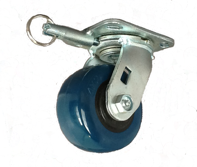 Caster; Swivel; 6"x2"; PolyU on PolyO (Blue); Plate; 4"x4-1/2"; holes: 2-5/8"x3-5/8" (slotted to 3"x3"); 3/8" bolt; Zinc; Roller Brng; 900#; Position Lock (Item #69336)