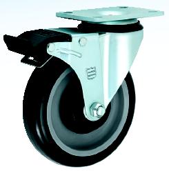 Caster; Swivel; 3"x1-1/4"; PolyU on PolyO (Black); Plate; 2-1/2x3-3/4; holes: 1-3/4x2-7/8 (slotted to 3); 5/16 bolt; Single Ball Brng; 230#; Total Lck (Item #67533)