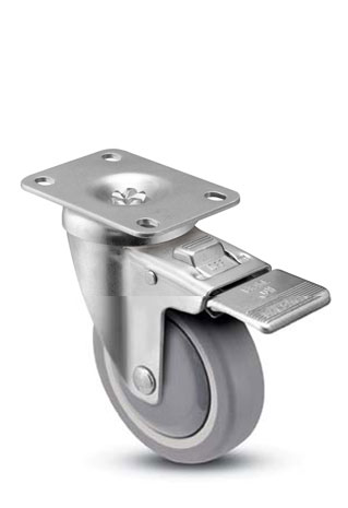 Caster; Swivel; 5" x 1-1/4"; PolyU on PolyO (Gray); Plate (2-5/8"x3-3/4"; holes:1-3/4"x2-3/4" slots to 3"; 5/16" bolt); Prec BB; 315#; Total Lock Brake (Item #64934) Caster; Swivel; 5" x 1-1/4"; PolyU on PolyO (Gray); Plate (2-5/8"x3-3/4"; holes:1-3/4"x2-3/4" slots to 3"; 5/16" bolt); Prec BB; 315#; Total Lock Brake (Item #64934)