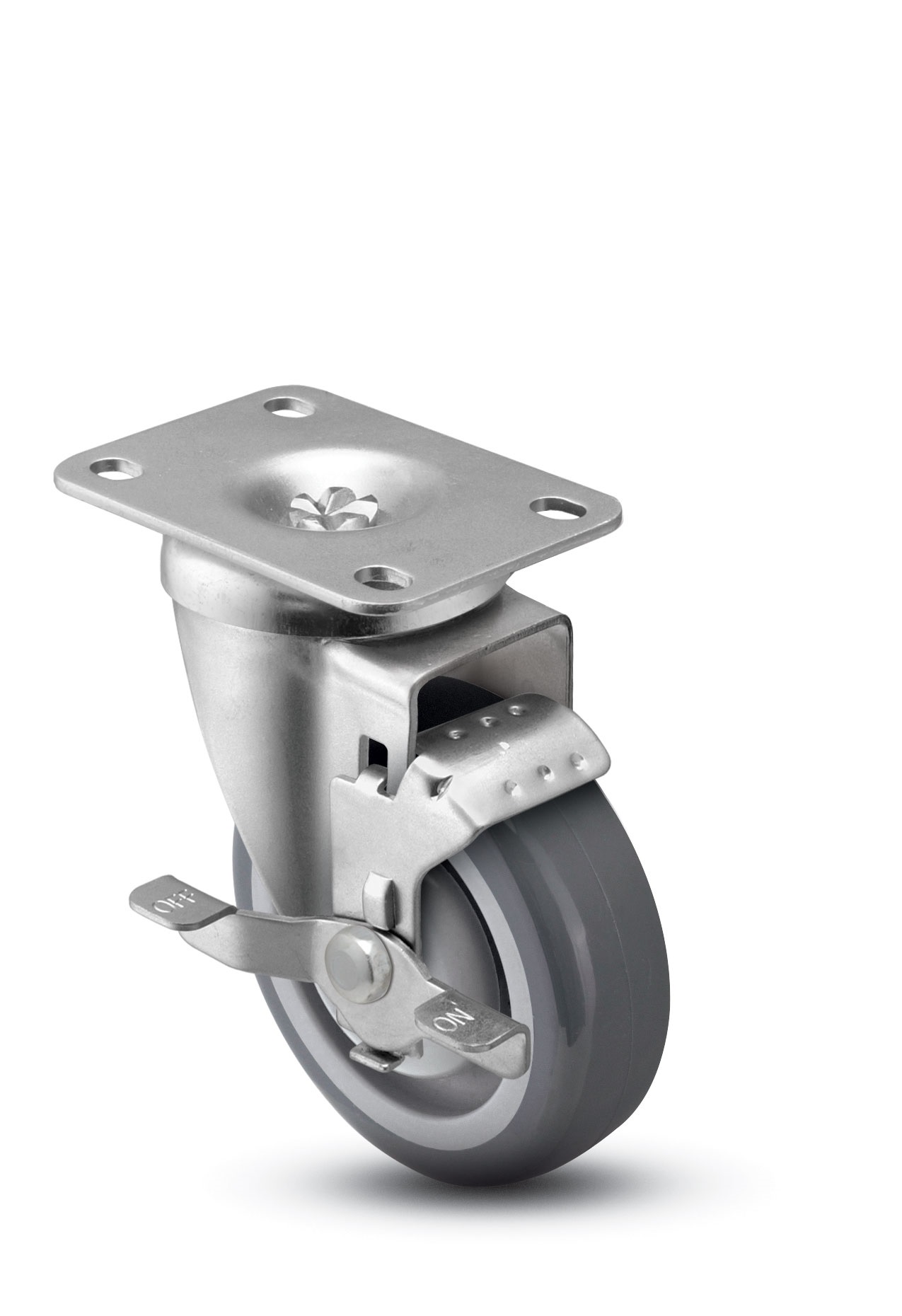 Caster; Swivel; 6" x 1-1/4"; PolyU on PolyO (Gray); Plate (2-5/8"x3-3/4"; holes: 1-3/4"x2-3/4" slotted to 3"; 5/16" bolt); Zinc; Prec Ball Brng; 325#; Brake (Item #64525)