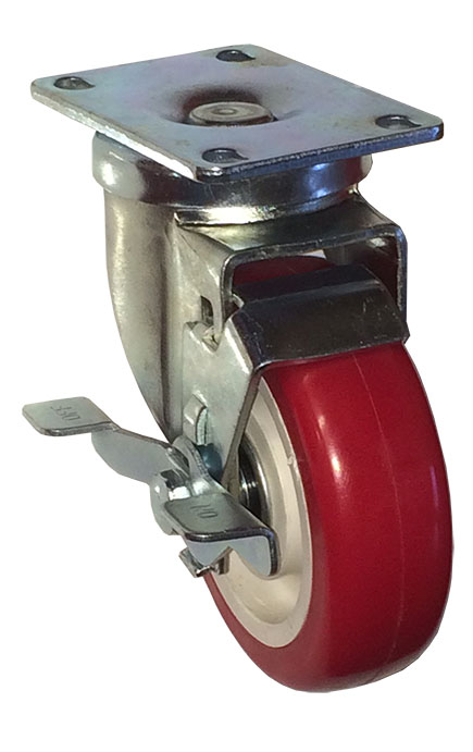 Caster; Swivel; 3"x1-1/4"; PolyU on PolyO (Red); Plate (2-3/8"x3-5/8"; holes: 1-3/4"x2-7/8" slotted to 3"; 5/16" bolt); Ball Brng; 250#; Thrd Grds; Brake (Item #66282) Caster; Swivel; 3"x1-1/4"; PolyU on PolyO (Red); Plate (2-3/8"x3-5/8"; holes: 1-3/4"x2-7/8" slotted to 3"; 5/16" bolt); Ball Brng; 250#; Thrd Grds; Brake (Item #66282)