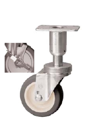 Caster; Swivel; 5"x1-1/4"; PolyU on PolyO; Plate (3-1/2"x3-1/2": holes: 2-5/8x2-5/8; 5/16 bolt); 250#; Load height: 8.19" - 8.94"; Tread Brake (Item #66944)