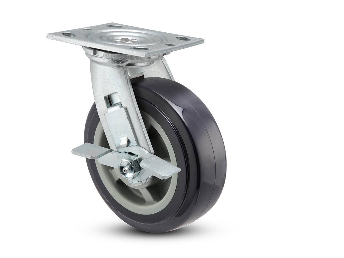 Caster; Swivel; 5" x 2"; Blue Thermo-Urethane; Plate (2-1/2"x3-5/8"; holes: 1-3/4"x2-7/8" slotted to 3"; 5/16" bolt); Zinc; Prec Ball Brngs; 375#; Tread Brake (Item #63408)