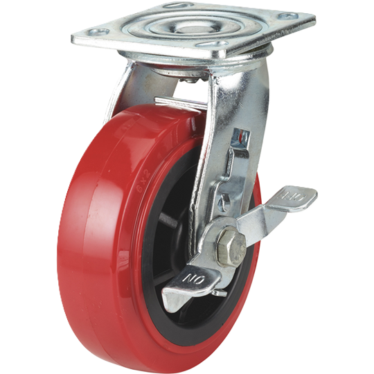 Caster; Swivel; 5" x 2"; PolyU on PolyO (Red/ Black); Plate; 4"x4-1/2"; holes: 2-5/8"x3-5/8" (slotted to 3"x3"); 3/8" bolt; Zinc; Roller Brng; 750#; Wheel Brake (Item #67821) Caster; Swivel; 5" x 2"; PolyU on PolyO (Red/ Black); Plate; 4"x4-1/2"; holes: 2-5/8"x3-5/8" (slotted to 3"x3"); 3/8" bolt; Zinc; Roller Brng; 750#; Wheel Brake (Item #67821)