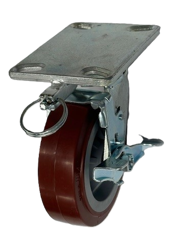 Caster; Swivel; 6"x2"; PolyU/PolyO; Plate; 4-1/2"x6-1/4"; holes: 2-7/16"x4-15/16" (to 3-3/8"x5-1/4"); 1/2" bolt; Rlr brg; 750#; 4 Pos lock; tread brake (Item #67556)