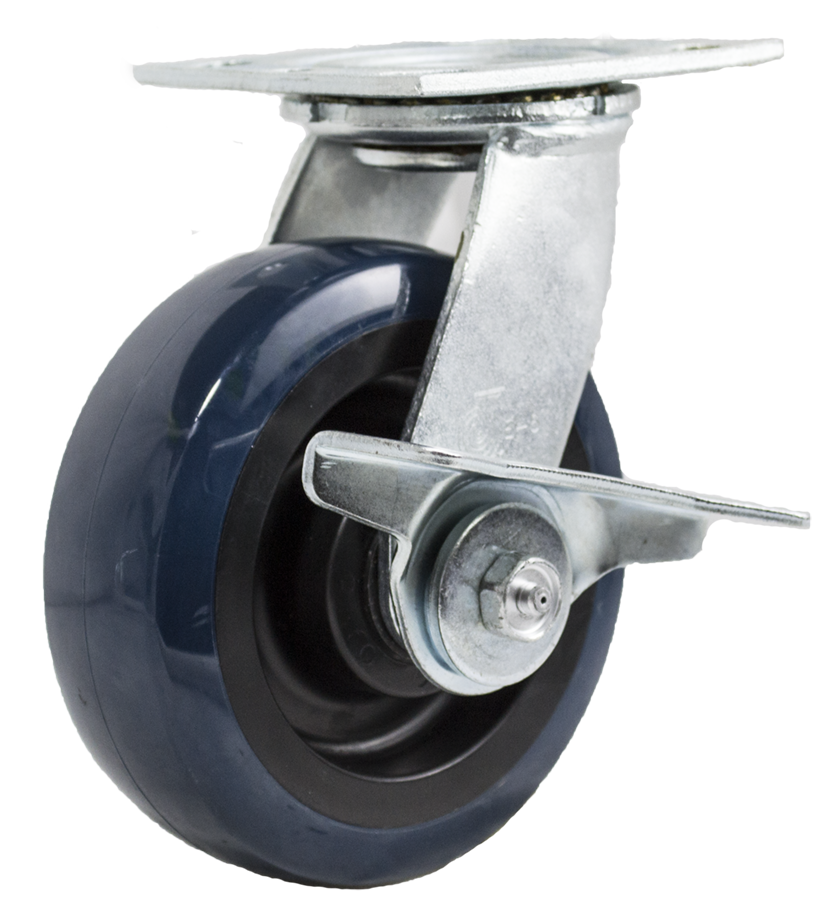 Caster; Swivel; 4" x 2"; 95A PolyU on PolyO (Red); Plate; 4"x4-1/2"; holes: 2-5/8"x3-5/8" (slotted to 3"x3); 3/8 bolt; Roller Brng; 500#; Cam Style brake (Item #63158)