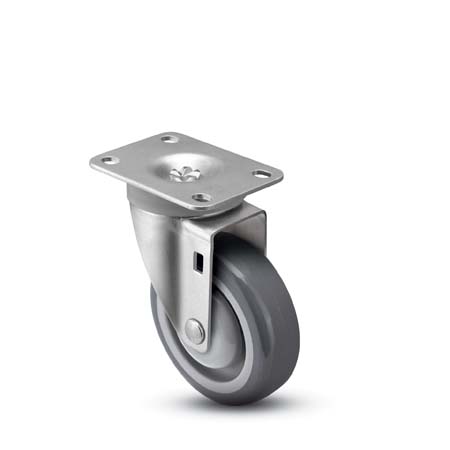 Caster; Swivel; 6" x 1-1/4"; PolyU on PolyO (Gray); Plate (3-1/8"x4-1/8": holes: 1-3/4"x2-15/16" slots to 2-3/8"x3-3/8"; 3/8" bolt); Zinc; Prec Ball Brngs; 350# (Item #63380)