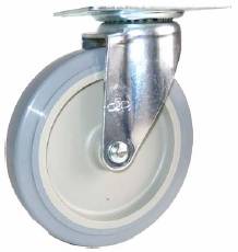 Caster; Swivel; 3-1/2x1-1/4; PolyU/PolyO (Gr/Bg); Top Plate; 2-1/2x3-5/8; holes: 1-3/4x2-7/8 (slotted to 3); 5/16 bolt; Plain bore; Pedal style whl brk (Item #69301)