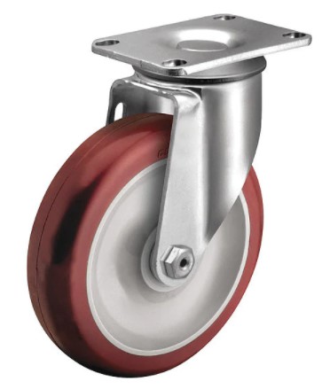 Caster; Swivel; 4" x 1-1/4"; HiTech PolyU (Red); Plate (2-1/2"x3-5/8": holes: 1-3/4"x2-13/16" (slot to 3-1/16"); 5/16" bolt); Zinc; Ball Brng; 275#; TG (Mtl) (Item #63662)