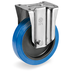 Caster; Rigid; 5" x 1-1/2"; Elastic Rubber Wheel (Blue); Plate (85mm x 100mm: holes: 60mmx80mm; 9mm bolt); Galv Steel Yoke; Ball Brng; 440# (Item #64365)