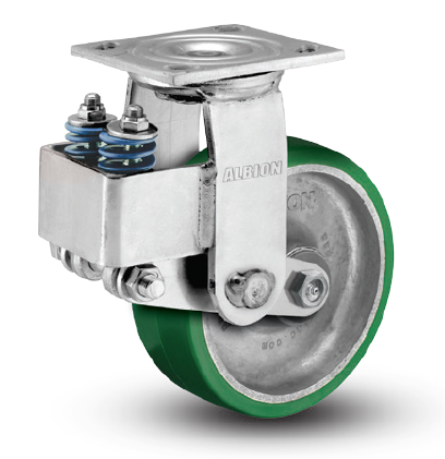 Caster; Swivel; 8" x 2"; Rubber on Cast; Plate (4"x4-1/2"; holes: 2-5/8"x3-5/8" slots to 3"x3"); Roller Brng;  Spring Loaded (50% deflection at 500#); Swiv Lock (Item #63485)