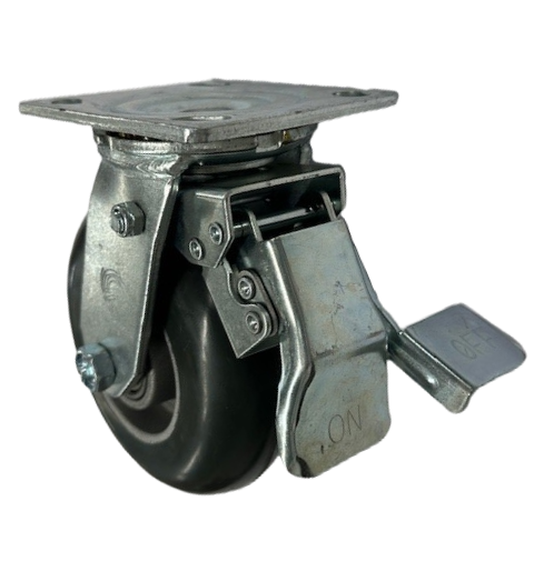 Caster; Swivel; 6" x 2"; Donut Rubber on Alum; Plate; 4"x4-1/2"; holes: 2-5/8"x3-5/8" (slots to 3"x3"); 3/8" bolt; Roller Brng; 400#; Leading Total Lock Brake (Item #63880) Caster; Swivel; 6" x 2"; Donut Rubber on Alum; Plate; 4"x4-1/2"; holes: 2-5/8"x3-5/8" (slots to 3"x3"); 3/8" bolt; Roller Brng; 400#; Leading Total Lock Brake (Item #63880)