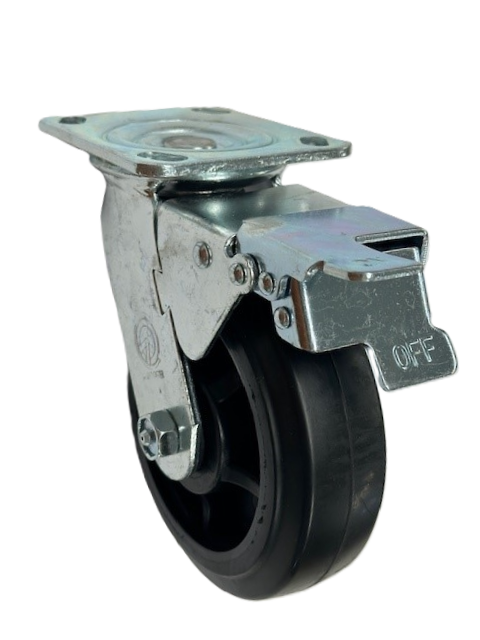 Caster; Swivel; 6" x 2"; Rubber on Nylon; Plate (4"x4-1/2"; holes: 2-5/8"x3-5/8" slotted to 3"x3"; 3/8" bolt); Zinc; Roller Brng; 500#; Total Lock (Trailing) (Item #64600) Caster; Swivel; 6" x 2"; Rubber on Nylon; Plate (4"x4-1/2"; holes: 2-5/8"x3-5/8" slotted to 3"x3"; 3/8" bolt); Zinc; Roller Brng; 500#; Total Lock (Trailing) (Item #64600)