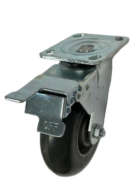 Caster; Swivel; 6"x2"; Balloon Rubber (Gr) on Alum; Plate (4"x4-1/2"; holes: 2-5/8"x3-5/8" slotted to 3"x3"; 3/8" bolt); Zinc; Ball Brng; 350#; Total Lock (Item #66933)