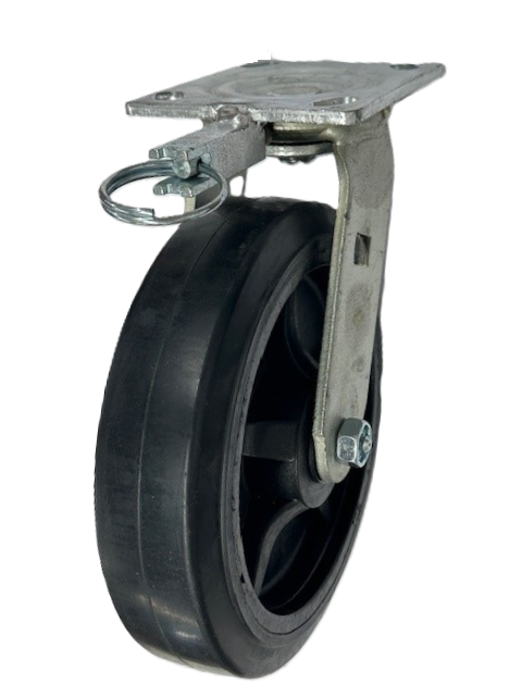 Caster; Swivel; 8" x 2"; Rubber on Nylon; Plate (4"x4-1/2"; holes: 2-5/8"x3-5/8" slotted to 3"x3"; 3/8" bolt); Zinc; Roller Brng; 600#; Position Lock (4-way (Item #64617) Caster; Swivel; 8" x 2"; Rubber on Nylon; Plate (4"x4-1/2"; holes: 2-5/8"x3-5/8" slotted to 3"x3"; 3/8" bolt); Zinc; Roller Brng; 600#; Position Lock (4-way (Item #64617)