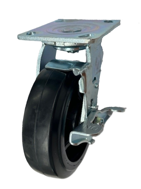Caster; Swivel; 6" x 2"; Rubber on Cast Iron; Plate (4"x4-1/2"; holes: 2-5/8"x3-5/8" slots to 3"x3"; 3/8" bolt); Zinc; Roller Brng; 450#; Tread Brake (Item #67756) Caster; Swivel; 6" x 2"; Rubber on Cast Iron; Plate (4"x4-1/2"; holes: 2-5/8"x3-5/8" slots to 3"x3"; 3/8" bolt); Zinc; Roller Brng; 450#; Tread Brake (Item #67756)