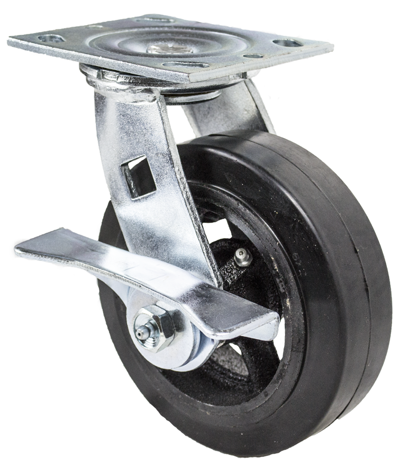 Caster; Swivel; 5" x 2"; Rubber on Cast ; Plate (4-1/2"x6-1/4"; holes: 2-7/16"x4-15/16" slotted to 3-3/8"x5-1/4"; 1/2" bolt); Zinc; Roller Brng; 400#; Cam Brake (Item #66049) Caster; Swivel; 5" x 2"; Rubber on Cast ; Plate (4-1/2"x6-1/4"; holes: 2-7/16"x4-15/16" slotted to 3-3/8"x5-1/4"; 1/2" bolt); Zinc; Roller Brng; 400#; Cam Brake (Item #66049)