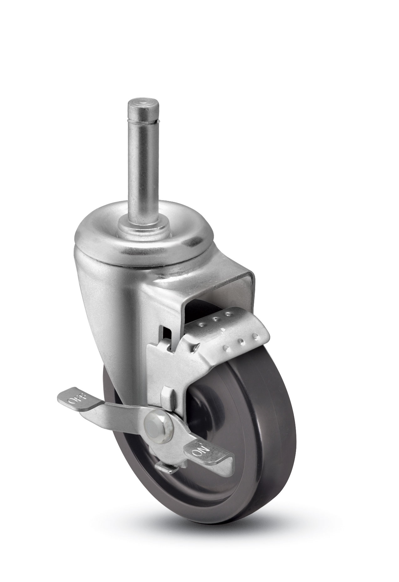 Caster; Swivel; 3" x 1-1/4"; Polyolefin; Grip Ring (7/16" x 1-3/8"); Zinc; Plain bore; 250#; Tread brake (Item #66328)