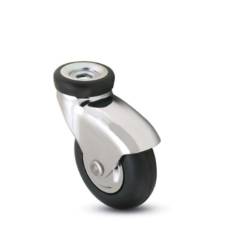 Caster; Swivel; 3" x 15/16"; Rubber; Soft; Hollow Kingpin (3/8" bolt); Bright Chrome; Precision Ball Brng; 110#; Hood (Item #68575)
