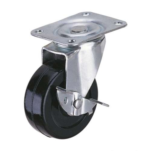 (image for) Caster; Swivel; 3" x 1-1/4"; Rubber (Soft; non-marking); Plate (2-5/8"x3-3/4"; holes: 1-3/4"x2-3/4" slots to 3"; 5/16" bolt); Zinc; Plain bore; 150#; Brake (Item #63506)