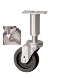 Leveling Caster; Swivel; 3"x1-1/4"; Polyolefin; Plate (2-3/8"x3-5/8"; holes: 1-3/4x2-7/8 slotted to 3; 5/16 bolt); 300#; Load height: 7.7" - 9.3"; Tread Brake (Item #66973)