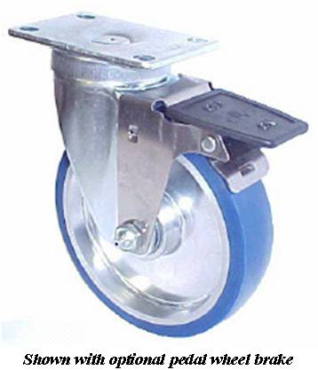 Caster; Swiv; 5x1-1/4; Rubber on Alum; Top Plate; 2-1/2x3-5/8; holes: 1-3/4x2-7/8 (slotted to 3); 5/16 bolt; Zinc; Prec Brng; Wgt Cap: 250#; PWB (Item #69880)