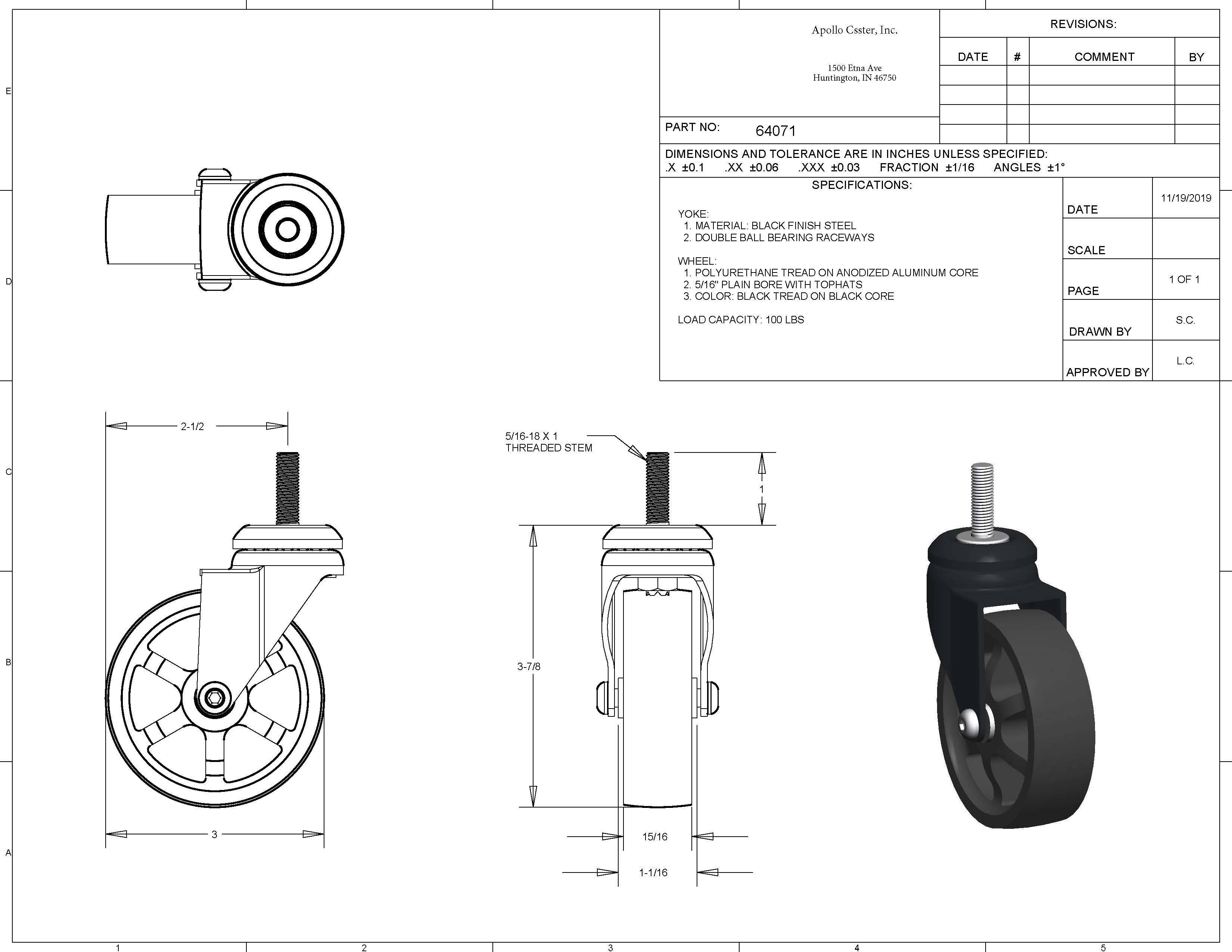 Caster; Swivel; 3" x 7/8"; PolyU on Anodized Aluminum; Threaded Stem (5/16"-18TPI x 1"); Black; Plain bore; 100#; Vintage Style (Item #64071)