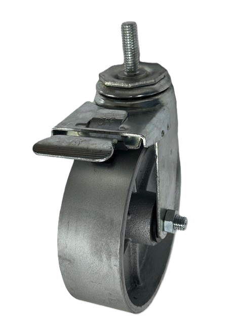 Caster; Swivel; 5" x 2"; Cast Iron; Threaded Stem (3/4"-10TPI x 2-1/4" fully threaded); Zinc; Roller Brng; 1000#; Total Locking Brake (Item #63874)
