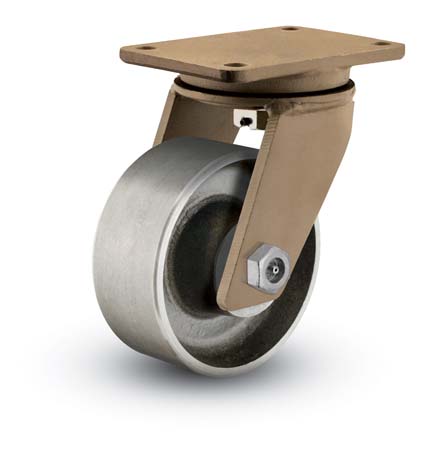 Caster; Swivel; 6" x 2-1/2"; Steel; Plate (4-1/2"x6-1/2": holes: 3-3/8"x5-1/4"; 1/2" bolt); Gold Finish; Tapered Rlr Brng; 3000# (Item #65691)