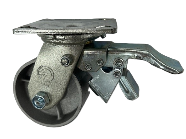 (image for) Caster; Swivel; 4" x 2"; Cast Iron; Plate (4"x4-1/2"; holes: 2-5/8"x3-5/8" slots to 3"x3"; 3/8" bolt); Zinc; Roller Brng; 700#; Total Lock (Leading) (Item #66031)