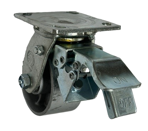 (image for) Caster; Swivel; 4" x 2"; Cast Iron; Plate (4"x4-1/2"; holes: 2-5/8"x3-5/8" slots to 3"x3"; 3/8" bolt); Zinc; Roller Brng; 700#; Total Lock (Leading) (Item #66031)