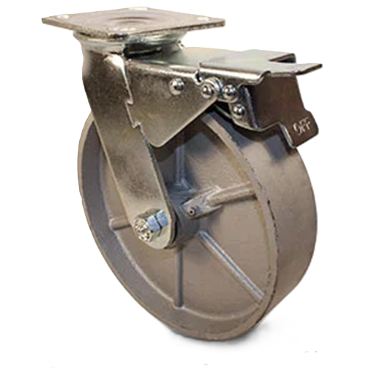 (image for) Caster; Swivel; 5" x 2"; Cast Iron; Plate; 4"x4-1/2"; holes: 2-5/8"x3-5/8" (slotted to 3"x3"); 3/8" bolt; Zinc; Roller Brng; 1000#; Total Lock (Item #63502)