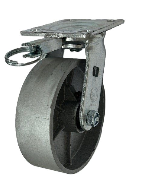 Caster; Swivel; 8" x 2"; Cast Iron; Top Plate (5"x5-1/2"; holes: 4-1/8"x4-1/2"; 3/8" bolt); Zinc; Roller Brng; 1200#; Position Lock (4-way) (Item #65787)