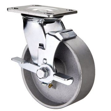 Caster; Swivel; 5" x 1-1/2"; Cast Iron; Plate (4"x4-1/2"; holes: 2-5/8"x3-5/8" slots to 3"x3"; 3/8" bolt); Zinc; Roller Brng; 700#; Zerk Axle; Tread brake (Item #67016) Caster; Swivel; 5" x 1-1/2"; Cast Iron; Plate (4"x4-1/2"; holes: 2-5/8"x3-5/8" slots to 3"x3"; 3/8" bolt); Zinc; Roller Brng; 700#; Zerk Axle; Tread brake (Item #67016)
