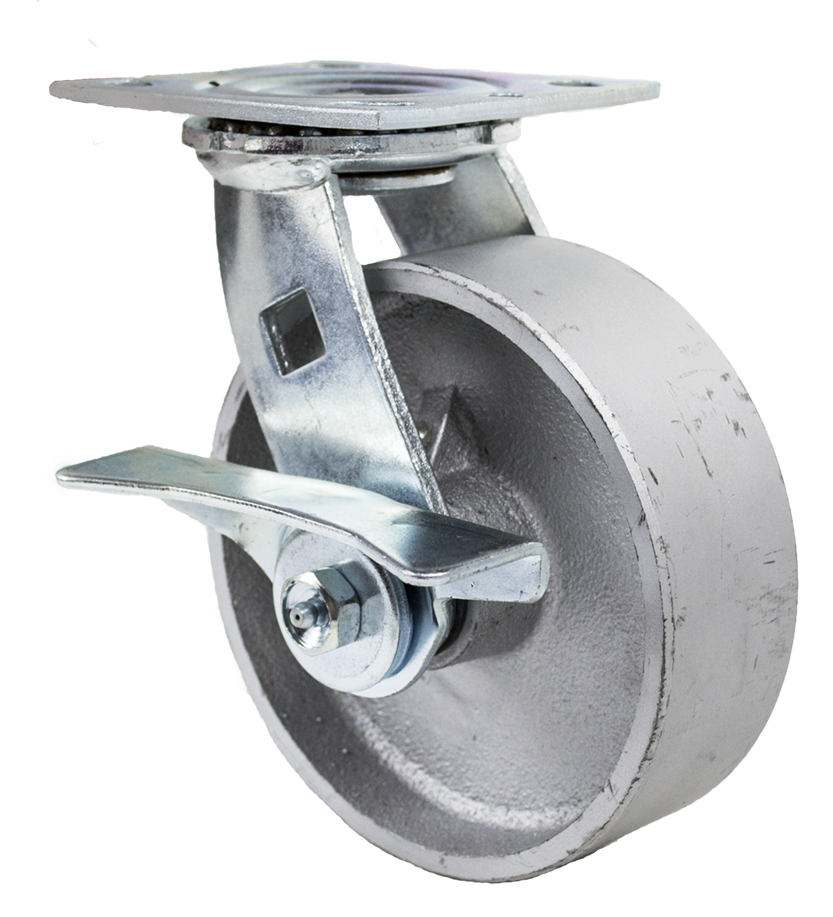 Caster; Swivel; 5" x 2"; Cast Iron; Plate (4-1/2"x6-1/4"; holes: 2-7/16"x4-15/16" slotted to 3-3/8"x5-1/4"; 1/2" bolt); Zinc; Roller Brng; 1000#; Cam Brake (Item #66103) Caster; Swivel; 5" x 2"; Cast Iron; Plate (4-1/2"x6-1/4"; holes: 2-7/16"x4-15/16" slotted to 3-3/8"x5-1/4"; 1/2" bolt); Zinc; Roller Brng; 1000#; Cam Brake (Item #66103)