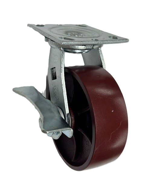 Caster; Swivel; 8" x 2"; Steel (Crowned Ductile); Plate (4-1/2"x6-1/4"; holes: 2-7/16"x4-15/16" slots to 3-3/8"x5-1/4"; 1/2" bolt); Roller Brng; 2000#; Cam Brak (Item #66108) Caster; Swivel; 8" x 2"; Steel (Crowned Ductile); Plate (4-1/2"x6-1/4"; holes: 2-7/16"x4-15/16" slots to 3-3/8"x5-1/4"; 1/2" bolt); Roller Brng; 2000#; Cam Brak (Item #66108)