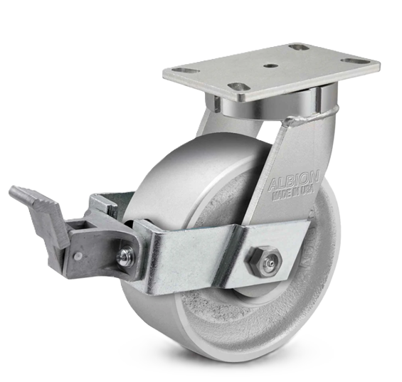 Caster; Swivel; 6" x 3"; Cast Iron; Plate (5-1/4"x7-1/4"; holes: 3-3/8"x5-1/4" slots to 4-1/8"x6-1/8"); Roller Brng; 2500#; Kingpinless; Pos Lock; Face Brake (Item #62988) Caster; Swivel; 6" x 3"; Cast Iron; Plate (5-1/4"x7-1/4"; holes: 3-3/8"x5-1/4" slots to 4-1/8"x6-1/8"); Roller Brng; 2500#; Kingpinless; Pos Lock; Face Brake (Item #62988)