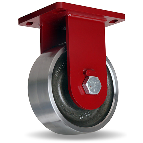 (image for) Caster; Rigid; 8" x 3"; Steel (Forged); Plate; 6-1/2"x7-1/2": holes: 5-1/8"x5-3/4" (slots to 3-7/8"x6-1/4"); 1/2" bolt; Painted; Prec Tapered Brng; 10000# (Item #63708)