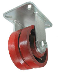 Caster; Rigid; 4" x 2"; V-Groove (7/8) Ductile Steel; Plate (4-1/2"x6-1/4"; holes: 2-7/16"x4-15/16" slots to 3-3/8"x5-1/4"; 1/2" bolt); Zinc; Roller Brng; 1500# (Item #67956)