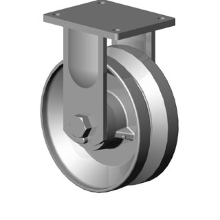 Caster; Rigid; 5" x 2"; V-Groove Cast Iron; Plate; 4"x4-1/2"; holes: 2-5/8"x3-5/8" (slotted to 3"x3"); 3/8" bolt; Zinc; Roller Brng; 900#; High Heat (Item #63311)