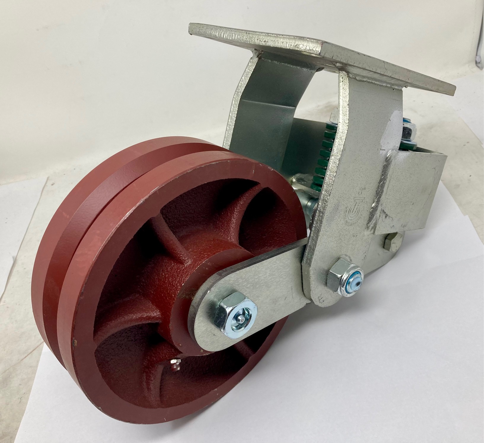 Caster; Rigid; 8" x 2-1/2"; V-Groove (7/8) Ductile Steel; Plate (5-1/4"x7-1/4"); Roller Brng; 1100#; Spring Loaded (3/4" Compression at 1100#) (Item #63219) Caster; Rigid; 8" x 2-1/2"; V-Groove (7/8) Ductile Steel; Plate (5-1/4"x7-1/4"); Roller Brng; 1100#; Spring Loaded (3/4" Compression at 1100#) (Item #63219)